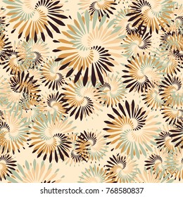 Seamless five-color pattern. Fireworks made of bird feathers. Fantastic flowers.