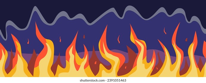 Muro de llama sin foco al estilo de las caricaturas. Fuego brillante y colorido sobre un fondo azul.