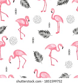 Seamless flamingo bird pattern. Vector background with watercolor flamingos and tropical leaves.
