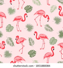 Seamless flamingo bird pattern. Vector tropical background with flamingos and leaves.