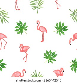 Patrón de pájaro flamingo sin foco. Fondo tropical vectorial con flamencos acuarelas y hojas exóticas