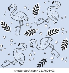 Seamless flamingo and leaf patttern cold blue background