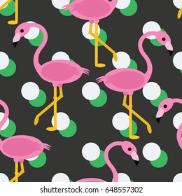 Seamless flamingo pattern with black and green polka dot offset background vector