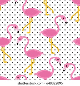 Seamless flamingo pattern with black and white square polka dot background vector