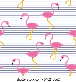 Seamless flamingo pattern with blue horizontal stripes vector