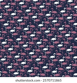 A seamless flamingo pattern featuring elegant pink and white silhouettes on a navy blue background. Perfect for trendy wallpapers, textile prints, summer-themed designs, and modern decor projects