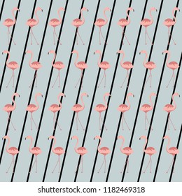 Seamless flamingo pattern (flamingos on the striped background), vector illustration