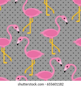 Seamless flamingo pattern with gray square polka dot background vector
