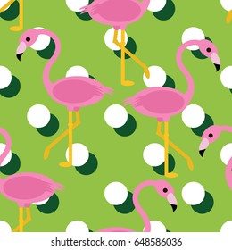 Seamless flamingo pattern with green polka dot offset background vector