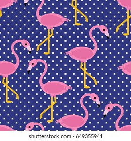 Seamless flamingo pattern with navy blue and white square polka dot background vector