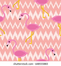 Seamless flamingo pattern with pink ikat zigzag background vector