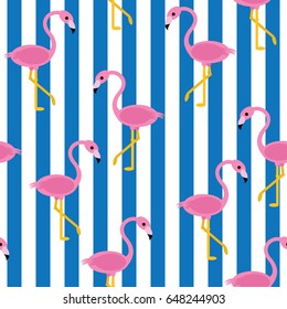 Seamless flamingo pattern with thick blue and white vertical lines vector