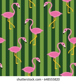 Seamless flamingo pattern with thick green vertical lines vector