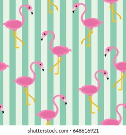Seamless flamingo pattern with thick turquoise vertical lines vector