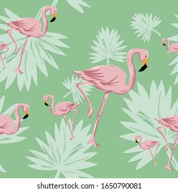 Seamless Flamingo pattern with tropical leaf for background.