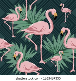 Seamless flamingo pattern with tropical leaves