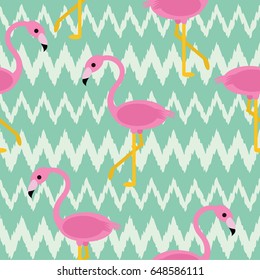 Seamless flamingo pattern with turquoise ikat zigzag background vector