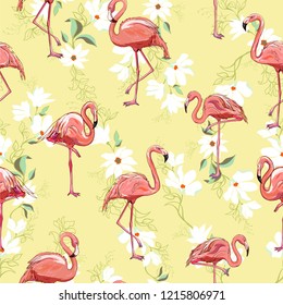 seamless flamingo pattern vector, illustration, bird, design, summer pink print textile tropical