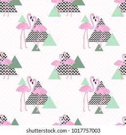 Seamless flamingo tropic pattern vector illustration. Hand draw.