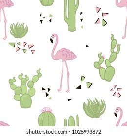 Seamless flamingo tropic pattern vector illustration. Hand draw. 