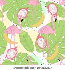 Seamless flamingo tropic pattern vector illustration. Hand draw.