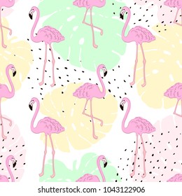 Seamless flamingo tropic pattern vector illustration. Hand draw.