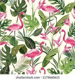 seamless flamingo and tropical leafs illustration