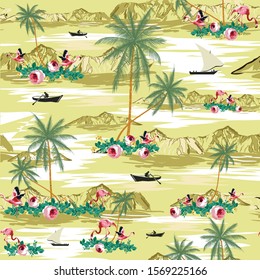 SEAMLESS  Flamingos Floral  Hawaiian pattern