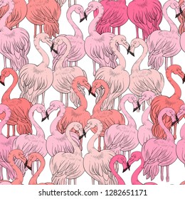 Seamless flamingos in love pattern, vector