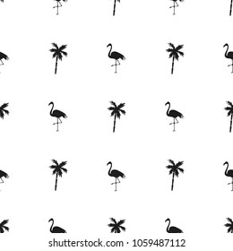 Seamless flamingos and palm trees on white background