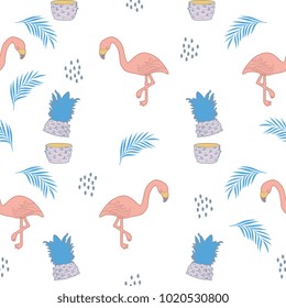 Seamless flamingos and pineapple with palm leaves. Colorful punchy pastel colors cute trendy summer background.