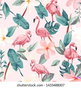 seamless flamingos and tropical flowers illustration pattern