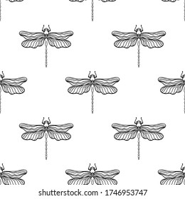 Seamless - flat black on white dragonfly. Design element coloring book for adults. Design, greeting cards, t-shirts, fabric bag, fabrics, wrapping paper. Insect collection. Antistress.