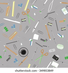Seamless flat business vector pattern with stationery on gray background