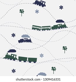 Seamless flat cartoon vector pattern with retro colorful locomotive