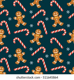 Seamless flat Christmas pattern of candy cane and gingerbread. Vector Xmas Background for packaging, wrapping paper, web background, cover design, fabric.