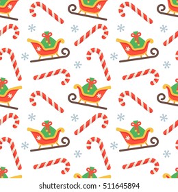 Seamless flat Christmas pattern of candy cane and sleigh. Vector Xmas Background for packaging, wrapping paper, web background, cover design, fabric.