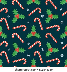 Seamless flat Christmas pattern of candy cane and holly. Vector Xmas Background for packaging, wrapping paper, web background, cover design, fabric.
