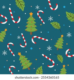 Seamless flat Christmas pattern of traditional decoration elements. Vector Xmas Background for packaging, wrapping paper, web background, cover design