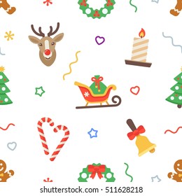 Seamless flat Christmas pattern of traditional decoration elements. Vector Xmas Background for packaging, wrapping paper, web background, cover design, fabric.
