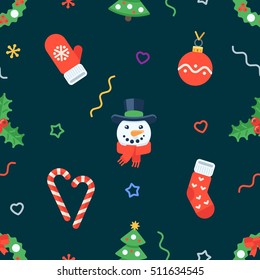 Seamless flat Christmas pattern of traditional decoration elements. Vector Xmas Background for packaging, wrapping paper, web background, cover design, fabric.