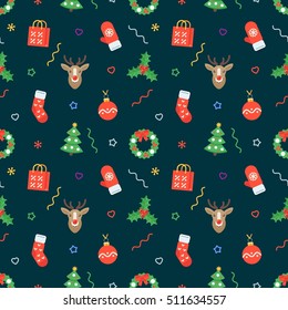 Seamless flat Christmas pattern of traditional decoration elements. Vector Xmas Background for packaging, wrapping paper, web background, cover design, fabric.