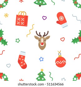 Seamless flat Christmas pattern of traditional decoration elements. Vector Xmas Background for packaging, wrapping paper, web background, cover design, fabric.