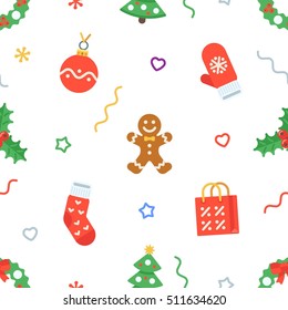 Seamless flat Christmas pattern of traditional decoration elements. Vector Xmas Background for packaging, wrapping paper, web background, cover design, fabric.