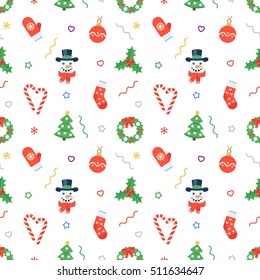 Seamless flat Christmas pattern of traditional decoration elements. Vector Xmas Background for packaging, wrapping paper, web background, cover design, fabric.