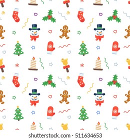 Seamless flat Christmas pattern of traditional decoration elements. Vector Xmas Background for packaging, wrapping paper, web background, cover design, fabric.