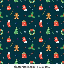 Seamless flat Christmas pattern of traditional decoration elements. Vector Xmas Background for packaging, wrapping paper, web background, cover design, fabric.
