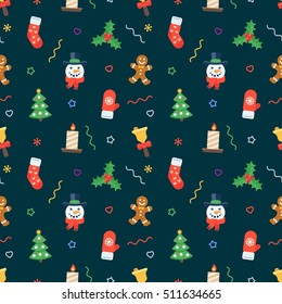 Seamless flat Christmas pattern of traditional decoration elements. Vector Xmas Background for packaging, wrapping paper, web background, cover design, fabric.
