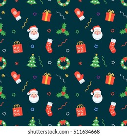 Seamless flat Christmas pattern of traditional decoration elements. Vector Xmas Background for packaging, wrapping paper, web background, cover design, fabric.