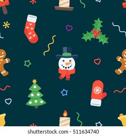 Seamless flat Christmas pattern of traditional decoration elements. Vector Xmas Background for packaging, wrapping paper, web background, cover design, fabric.